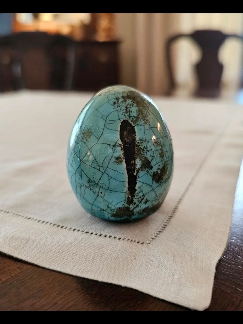 Vintage Houston Studio Art Pottery Turquoise Raku Crackle Glaze Ceramic Egg